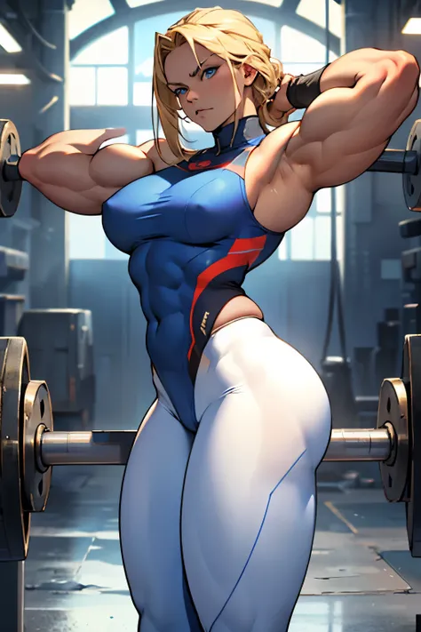 1 girl, blonde hair, blue eyes, ((very strong body)), ((muscular body)), wearing Russian clothes, mean face, tight clothes, strong arms, huge ass, thick tights
