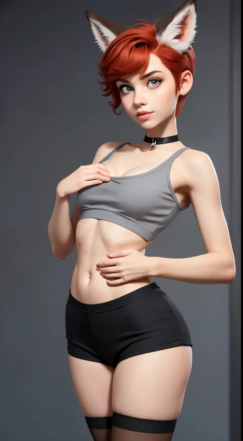 1girl, teenager, solo, (groping chest: 1.5), (short pixie cut Hair, undercut red hair: 1.28), ((light gray eyes)), some small freckles, (dark fox ears: 1.35), pale skin, large breasts, cleavage, (thin hips, thin waist: 1.25), simple background, looking awa...