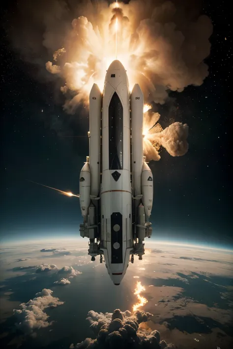 ilustra una nave espacial tipo crucero bombardeando un planeta, scifi