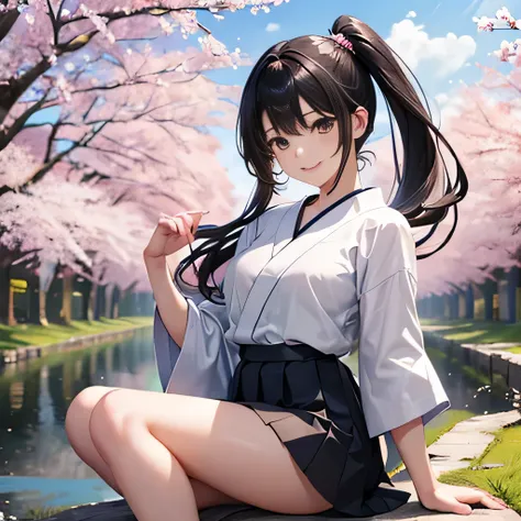 cute teenage girl, cute smile、pretty face、Height: approx. 160cm, brown eyes, Wearing a Japanese high 、wear a pleated skirt、In the row of cherry blossom trees、double ponytail black hair, masterpiece, 最high quality, 超high quality, high quality, High resoluti...