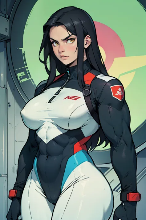 angry girl pale skin (((((muscular girl))))) (((thick))) (((large breasts))) pilot suit bodysuit black hair yellow eyes very long hair very long hair very long hair