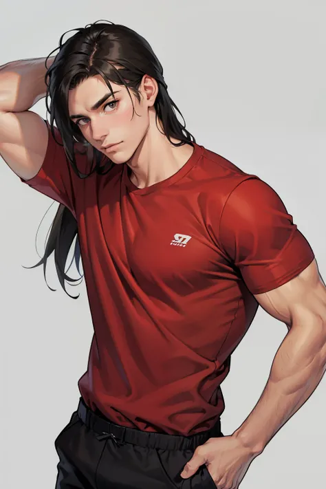 1 man, muscular, long black hair, red shirt