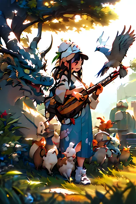 girl, letterboxd, holding katana, outdoors, bird, standing, clouds, 1boy, weapon, from behind, sky, cloudy sky, animal, holding weapon, eastern dragon, giant, 1other, hat, fog,