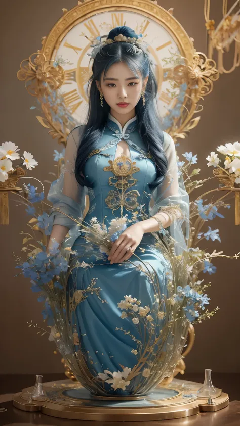 A subtle Chinese woman with a subtle characteristic, full lips, a smooth tan tan tone, blue hair, and blue hair are decorated with countless complex vortex elements, gears, gears, flower patterns, beads Hanging gorgeous jewelry conveys a tranquil contempla...