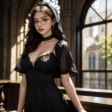 1girl, solo, long hair, breasts, looking at viewer, large breasts, brown hair, dress, cleavage, brown eyes, jewelry, collarbone, upper body, short sleeves, earrings, frills, parted lips, glasses, choker, artist name, indoors, hand up, mole, blurry, black d...