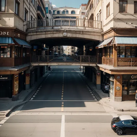 Draw a bridge for 4 cars, two in one direction, two in the other. The bridge is surrounded on both sides by rows of shops, boutique, restaurants, coffee. The bridge ends with a circular overhead bridge enclosed on 4 sides by high-rise buildings (bridge int...