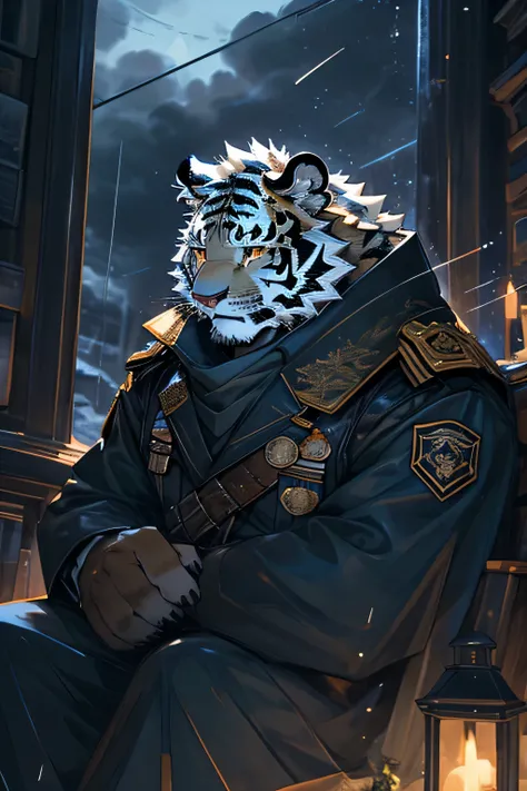 ((best quality)), ((masterpiece)), (detailed), perfect face,alone,cannon,night,fantasy,rainy,young，thunder,white fur,White fur all over，black strips,Human White Tiger.Wear a military uniform, Sitting in front of the window.golden eyes,full body portrait,Lo...