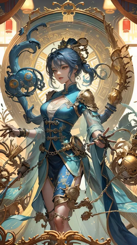 A subtle Chinese woman with a subtle characteristic, full lips, a smooth tan tan tone, blue hair, and blue hair are decorated with countless complex vortex elements, gears, gears, flower patterns, beads Hanging gorgeous jewelry conveys a tranquil contempla...