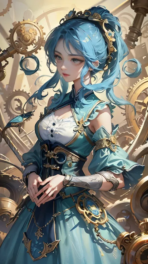 A subtle Chinese woman with a subtle characteristic, full lips, a smooth tan tan tone, blue hair, and blue hair are decorated with countless complex vortex elements, gears, gears, flower patterns, beads Hanging gorgeous jewelry conveys a tranquil contempla...