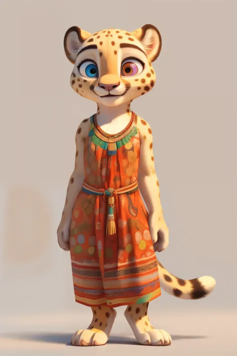 Small, young, Female, white lioness wiht cheetah skin, heterochromia blue and orange eyes, perfect legs, cute african dress, standing, (happy), full body, (soft shading), 4k, detailed face, detailed eyes, detailed, zootopia style, blank background, full bo...