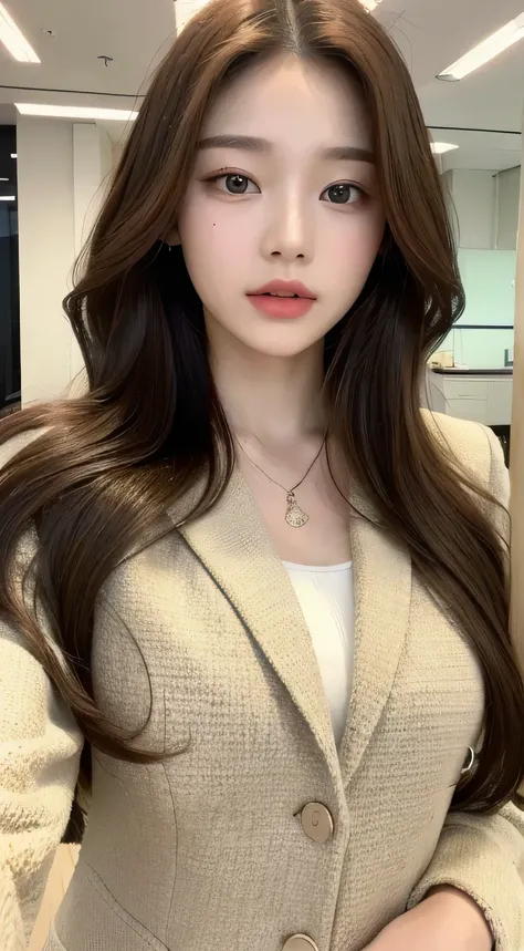 (highest quality, High resolution, masterpiece :1.3), tall and beautiful woman, thin abs,20 year old girl in Korea、Office Lady、Wonyoung、No bangs、Forehead、white skin、S-class beauty、 loose wavy dark brown hair, white tops、Beige tweed jacket,denim、Pearl neckl...