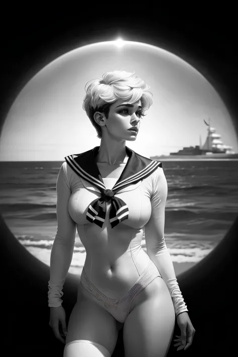 A realistic black and white comic book rendering of a thoughtful sailor named Uranus, with short pixie-like hair. This sailor is not to be confused with Sailor Moon, but rather an original character. The image is of high quality, boasting a resolution of S...