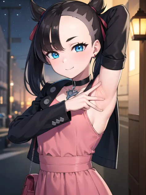 pokemonmarnie, pokemonmarnie, aqua eyes, asymmetrical bangs, asymmetrical hair, black hair, hair ribbon, long hair, red ribbon, ribbon, twintails, (small breasts:1.2),
black choker, black jacket, choker, dress, earrings, jacket, jewelry, long sleeves, open...