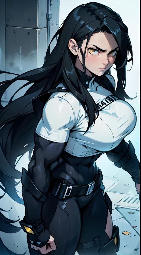 sad pale muscular girl massive breasts hair black hair yellow eyes extremely long hair sad