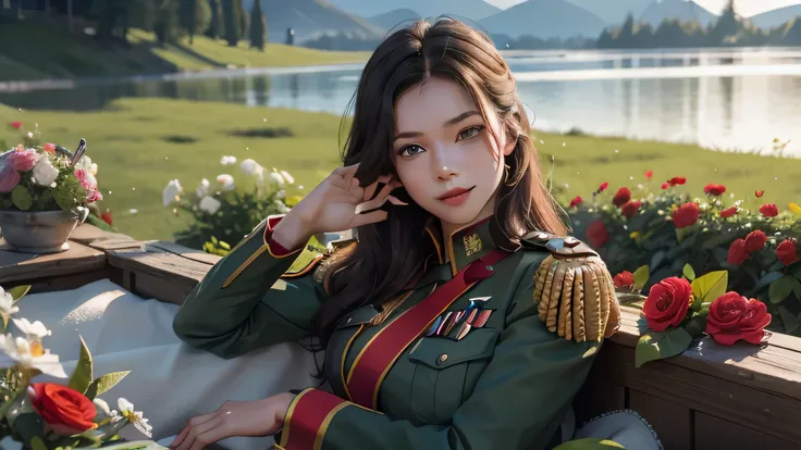 beautiful girl，gentle smile，（facial details:1.6），（Red epaulettes:1.6），（fighting stance:1.3），Wearing a green military uniform，fresh flowers，lake，garden,perfect body,(Lie:1.3)