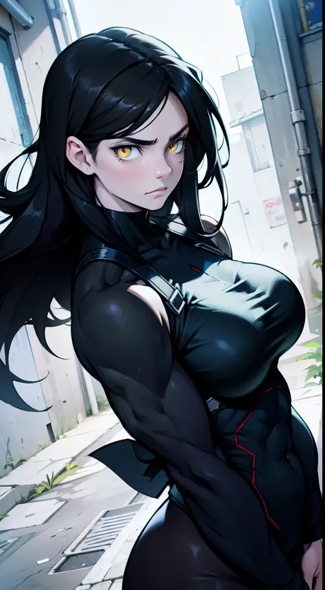 sad pale muscular girl massive breasts hair black hair yellow eyes extremely long hair sad