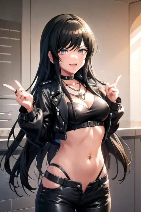 tsubakid4dj,  jewelry, very long hair, choker, shiny, necklace, shiny hair,  swept bangs, ring, medium breast, masterpiece, best quality, highly detailed, a girls with a gun, evil smile , open mouth, sexy gaze, badass
pose , evil smile, smile, (nsfw) not s...