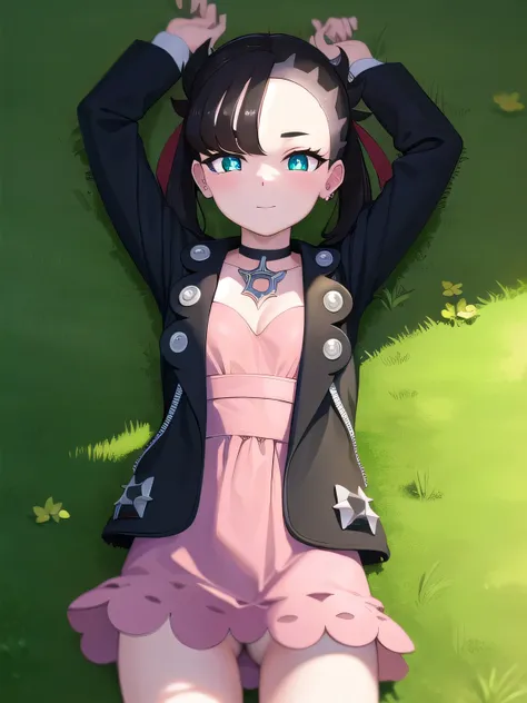 pokemonmarnie, pokemonmarnie, aqua eyes, asymmetrical bangs, asymmetrical hair, black hair, hair ribbon, long hair, red ribbon, ribbon, twintails, (small breasts:1.2),
BREAK backpack, bag, black choker, black jacket, choker, dress, earrings, jacket, jewelr...