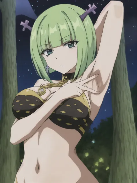 brandish, 1girl, solo, looking at viewer, collar, chain, anime coloring, solo, upper body, night sky, forest, arms behind head, contrapposto, spread armpits, closed mouth, best quality, expressionless,