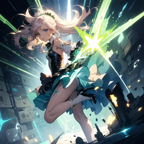 ,masterpiece,best quality, Anime style, girl made of green crystal, long pink hair, ponytail, light blue eyes, green glass, transparency, green light particles, green aura, effects, action, flying kick, stiletto heels, translucent green clothes, background...