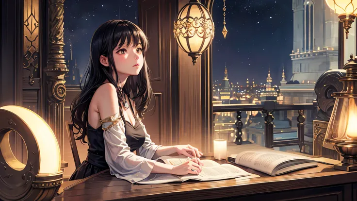 Singular light, alone, woman, cosmic, fantsy, looking away:1.4, adult, busty, Ghibli-like design, living room, sitting, dark hair, studying, face seen from the side, Completely sideways,landscape orientation, side view, bar