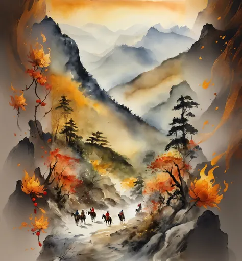 Chinese ink painting，Mountains in the distance