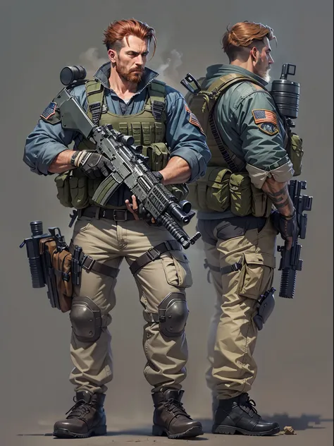 Mercenary, male focus, holding an assault rifle with two hands, load-bearing vest, ammunition belt, danger atmosphere, war zone, auburn hair, crew cut, dark grey eyes, age 45. cigar in mouth