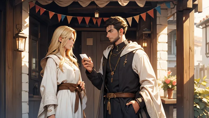 A picture of a 20 year black-haired man dressed in shabby white, commoner clothes, is talking to a woman with long blonde hair in front of the door of the house. the woman looks sad, medieval fantasy theme