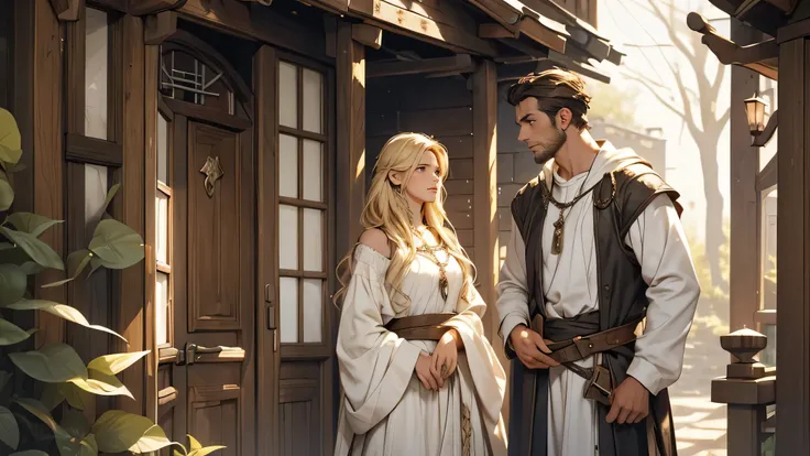 A picture of a 20 year black-haired man dressed in shabby white, commoner clothes, is talking to a woman with long blonde hair in front of the door of the house. the woman looks sad, medieval fantasy theme