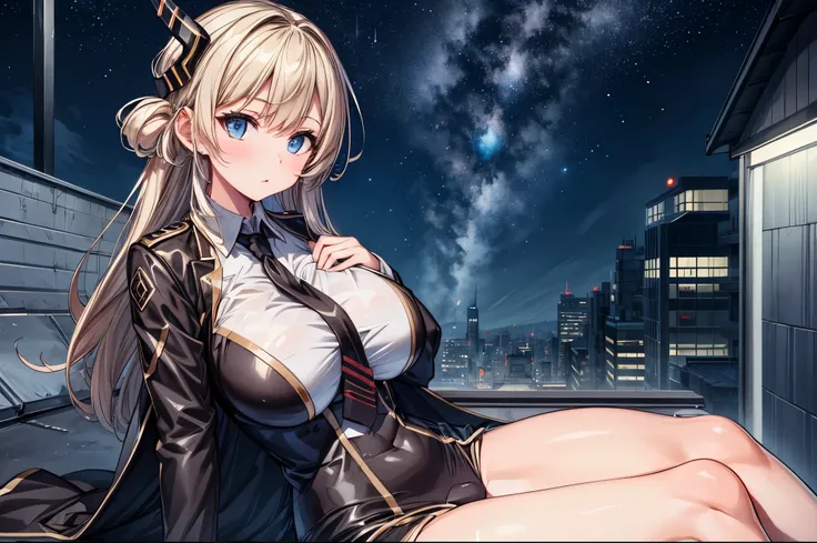 (masterpiece, best quality:1.2), intricate details, 1girl,sky striker ace raye,cityscape ,blue eyes,Blond hair, black headdress.Dark brown tie,sitting on the roof of a building,raining,stars,night,narrow bust,frontal view,(mature female:1.2),huge breasts:1...