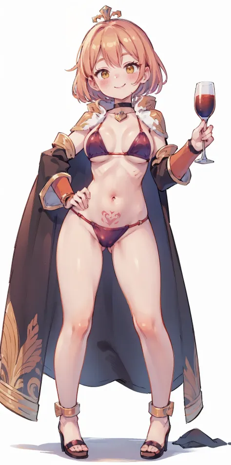 Two long thighs, yellow eyes, blonde hair, short hair, large breasts, detached sleeves, very white background, royal tiara, long cape, yellow tiger bikini, high heels, hands on hips. red tattoo on belly navel, full body female MILF BIMBO, lustful smirking ...