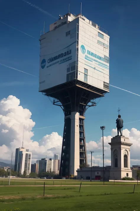 empresa gigante con un cartel que diga "mi primera chamba"