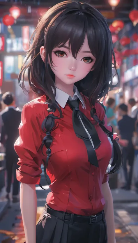 Anime girl wearing red shirt and black tie posing for photo, author：Yang Jie, extremely detailed type germ, Rin Harusaka, type germ jsc, guweiz style artwork, Beautiful digital artwork, type germ. high detail, range murata and type germ, style type germ, M...