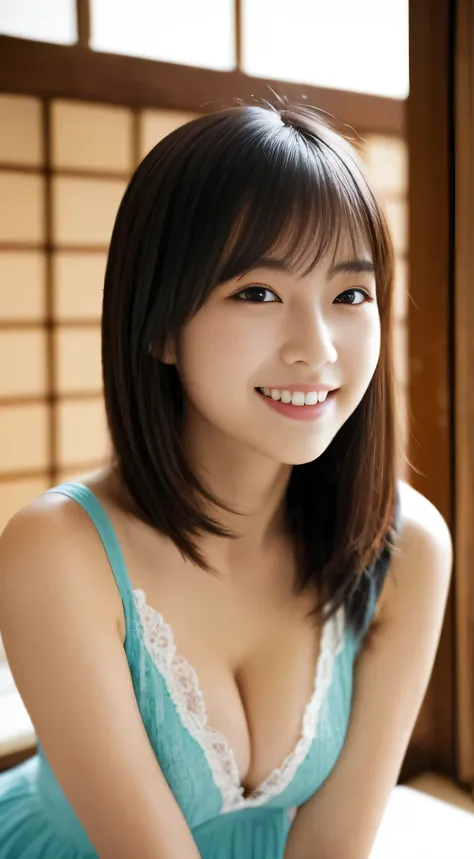 masterpiece,best quality,(Japanese ),((Beautiful girl)),cleavage,indoor,(perfect body beauty:1.2),(shy smile),beautiful teeth,