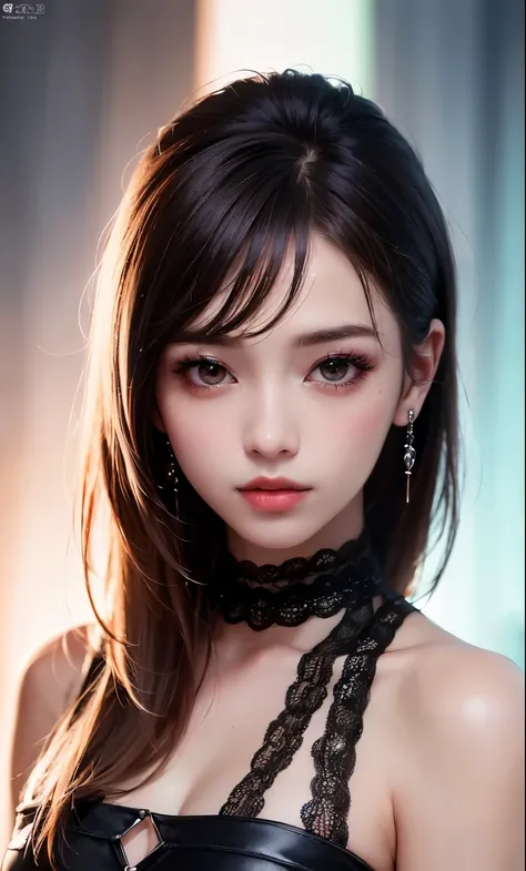 (8K, Raw photo, realistic:1.25) ,( lip gloss, eyelash, shiny face, Glossy skin, highest quality, ultra high resolution, Depth of the bounds written, chromatic aberration, caustics, wide range lighting, natural shading,K-POPアイドル) She looks at the viewer wit...