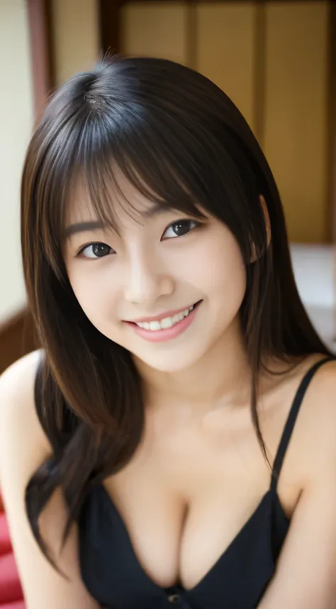 masterpiece,best quality,(Japanese ),((Beautiful girl)),cleavage,indoor,(perfect body beauty:1.2),(shy smile),beautiful teeth,