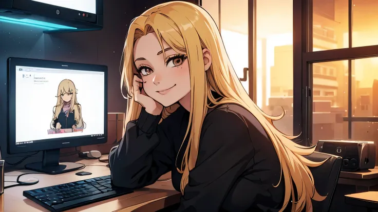 2d 90s anime, a woman with long straight blonde hair and dark brown eyes, she is smiling, wears casual clothes and is next to her gaming computer in a stream room with LED lighting