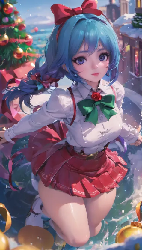 1 girl, Bangs, blue hair, bow, Box, bracelet, Christmas, Christmas tree, Cowboy shooting, skirt, earrings, fishing net, flower, Gift, Gift Box, hair accessories, Hamel, jewelry, looking at the audience, colorful hair, necklace, pantyhose, open lips, purple...