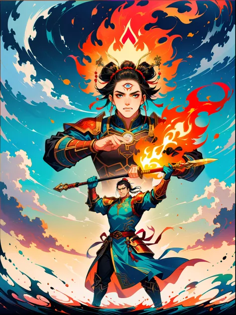 1 boy，Blood stained all over his face，anger，holding a spear，（fly），Chinese mythology，cloudy day，Meticulous skies，Abstract background，（Flame Surge Style：0.5），demonic third eye，hair scrunchie，with ponytail，wearing armor，Strong body，tall and big，Spear in hand，...