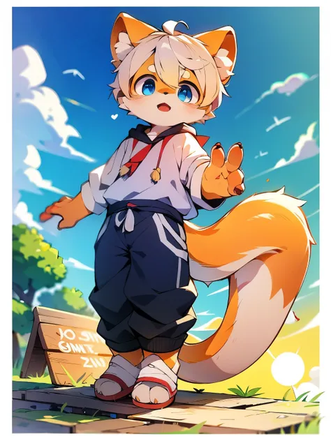 Light orange fur，white hair，orange dragon tail，There is white fluff at the end of the tail，white sweatshirt，hairy，God of Art Super Top Quality, super detailed, High resolution, Anime cute art style, The best anime, 8K, Kona sauce wallpaper, Pixiv Contest W...