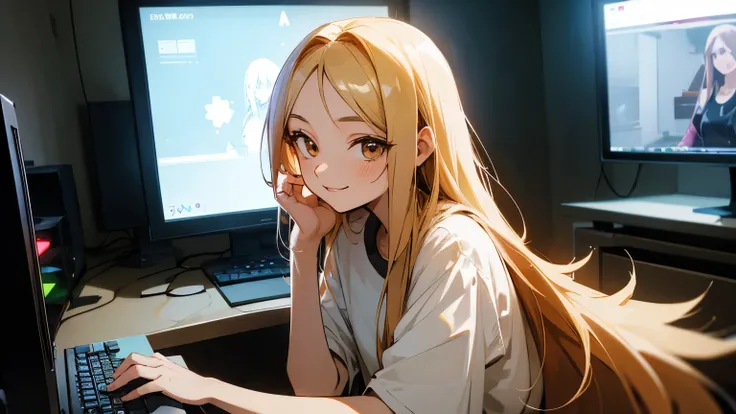 2d 90s anime, a woman with long straight blonde hair and dark brown eyes, she is smiling, wears casual clothes and is next to her gaming computer in a stream room with LED lighting