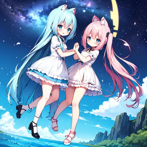 Two girls，one have black long hair and red eyes，the other have white long hair and blue eyes,  They are standing face to face,looking at each other,and hold hands with each other in the sky.Side-facing camera，full-body.There is a certain distance between t...