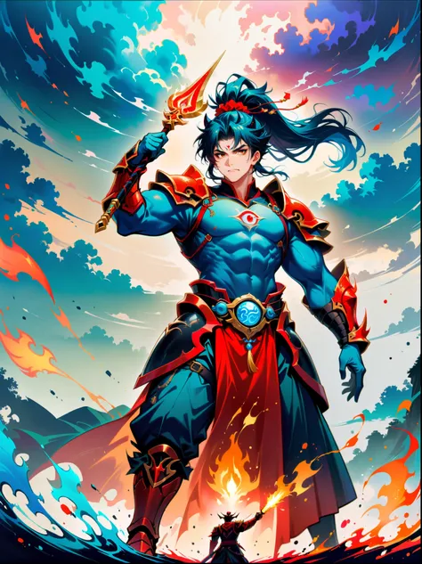 1 boy，Blood stained all over his face，anger，(holding a spear)，fly，Chinese mythology，cloudy day，Meticulous skies，Abstract background，(Flame Surge Style:1)，demonic third eye，hair scrunchie，with ponytail，Wearing demon armor，Strong body，tall and big，Spear in h...