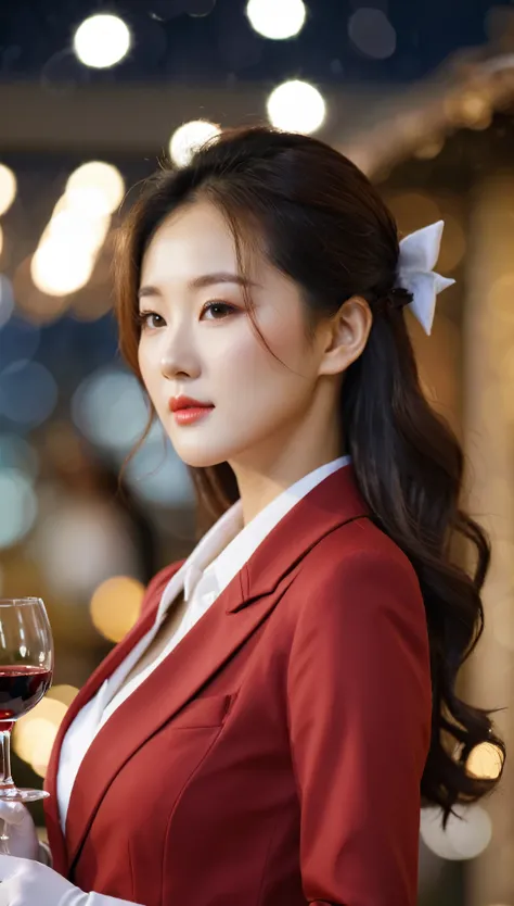 close-up, side shot of beautiful korean female, 34 inch breasts size, wearing red suit, white glove, holding wine tray, bokeh background, UHD