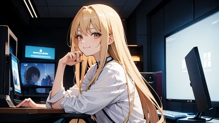 2d 90s anime, a woman with long straight blonde hair and dark brown eyes, she is smiling, wears casual clothes and is next to her gaming computer in a stream room with LED lighting