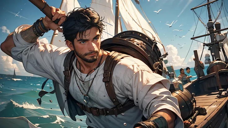 A 20-year-old black-haired male fisherman in shabby white clothes, on a small fishing boat, discovering a message in a bottle, close-up on bottle and face, medieval fantasy theme, rugged texture, dramatic lighting, detailed facial expression, ocean backdro...