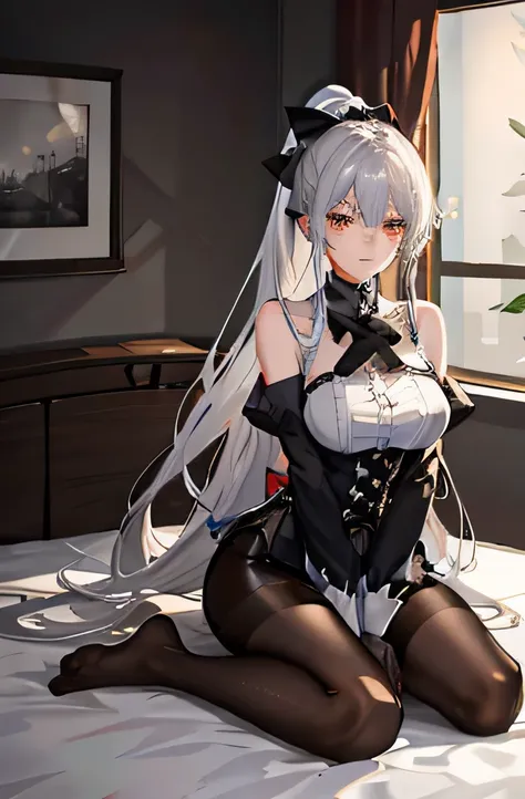 （（（1个Giant Breast Girl）），Ray traching，（dim murky lights），[detailedbackground（Bedrooms）），（（Silvery hair）），（（Silvery hair）），（（（（（Fluffy silver hair，plump and slender girl））Wears a high ponytail）））Avoid golden eyes in the ominous bedroom（（（（Girl wearing intri...