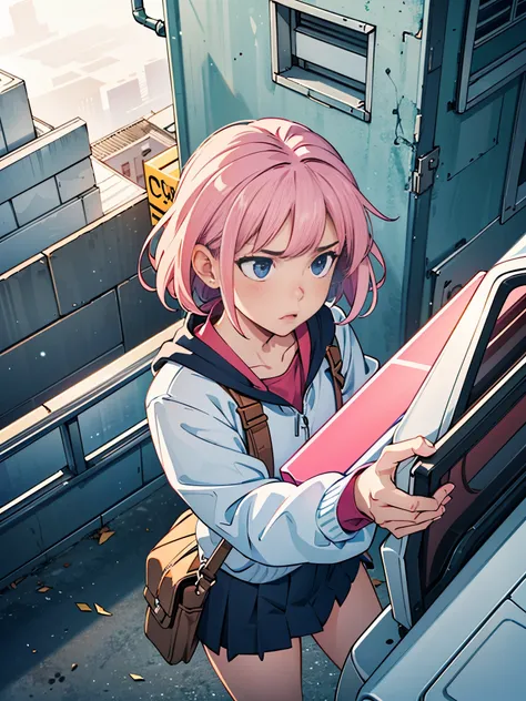 (((pixel-perfect, detail-perfect))), 1girl, solo, solo focus, using assault rifle, determined expression, high school student, short pink hair, urban rooftop setting, smoggy, intense