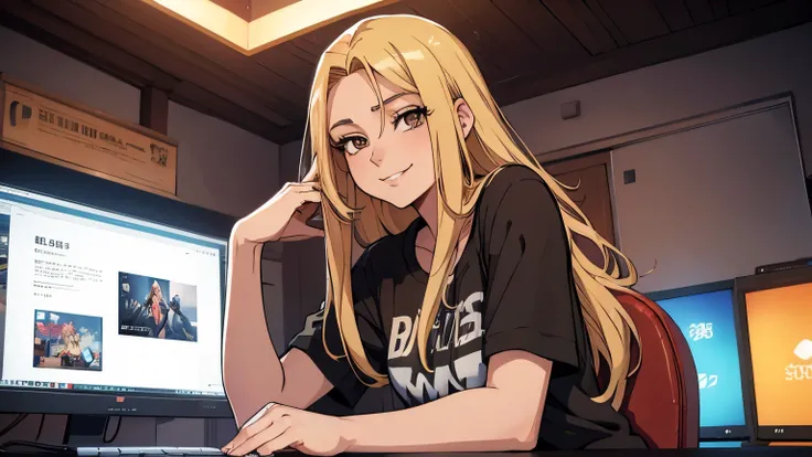 2d 90s anime, a woman with long straight blonde hair and dark brown eyes, she is smiling, wears casual clothes and is next to her gaming computer in a room with LED lighting