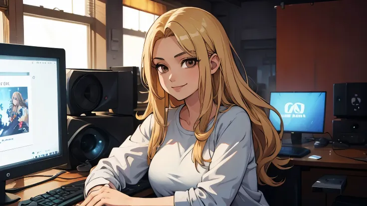 2d 90s anime, a woman with long straight blonde hair and dark brown eyes, she is smiling, wears casual clothes and is next to her gaming computer in a room with LED lighting